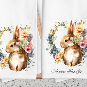 Easter Bunny Tea Towel, Easter Bunny Wreath Kitchen Towel, Easter Kitchen Decor, Farmhouse Decorative Kitchen Towels, Easter