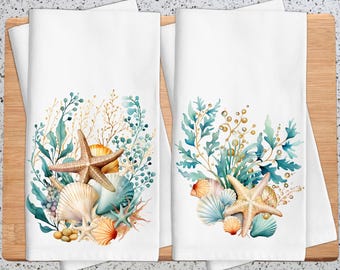 Conjunto de toalhas de cozinha com conchas do mar: decoração para casa de praia