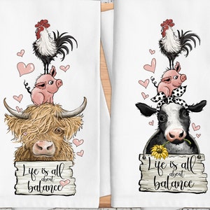 Strofinaccio da cucina con animali da fattoria, strofinaccio da cucina con mucche, polli e maiali, equilibrio di vita, decorazioni in stile fattoria, strofinaccio con sacco di farina, regalo da cucina,