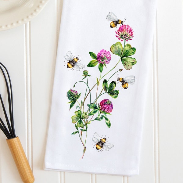 Bumble Bees and Clover Tea Towels, Floral and Bee Dish Towels, Spring Clover and Bee Kitchen Decor, Gift for Mom, Shower Favors