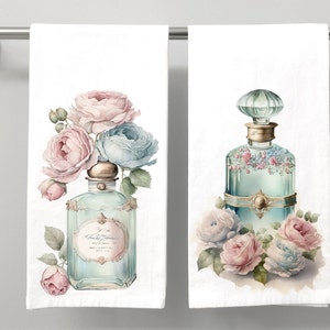 Bathroom Hand Towel Set, Vintage Roses and Perfume Bottles, Floral Bathroom Hand Towels, Guest Bath Towels,