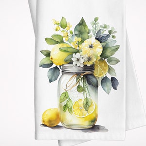Buquê de Limões em Pote de Conserva, Panos de Prato, Panos de Chá com Limões e Flores, Decoração de Cozinha Fresca, Limões, Presente de Noiva, Planejamento de Casamento