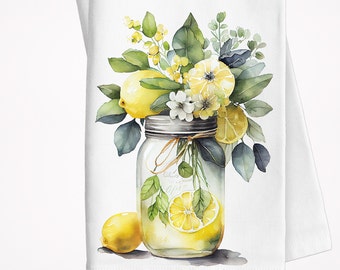 Citroen Mason Jar boeket keukenhanddoeken, citroenen en bloemen theedoeken, vers keukendecor, citroenen, bruidscadeau, huwelijksplanning,
