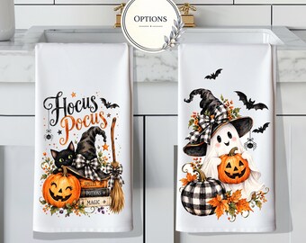 Halloween Ghost Kitchen Towel, Cute Halloween Dish Towel, Ghost and Pumpkin Kitchen Decor, Witch Hat Towel, Fall Kitchen Gift, Black Cats