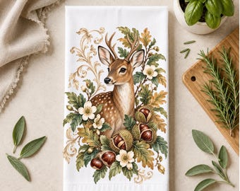 Vintage Naturalist Kitchen Towel | Botanical Deer and Chestnuts Tea Towel | Cottage  Decor | Farmhouse Kitchen Gift | Christmas Gift