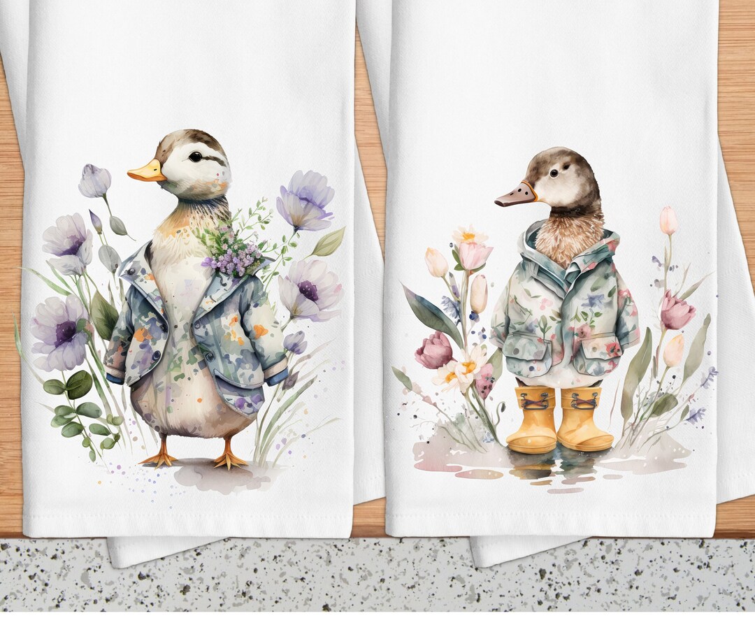 Spring Ducks Tea Towel, Ducks and Flowers Decorative Hand Towel