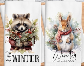 Winter Animal Kitchen Towel: Woodland Squirrel & Racoon Decor