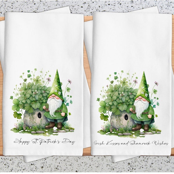 St. Patrick's Kitchen Towels, Gmome and 4 Leaf Clover Decor, Clover Wreath, Shamrock Decor, Spring Tea Towels, St Patty's Day Gifts, Irish