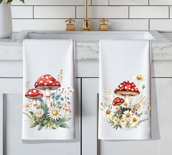 Mushroom Kitchen Tea Towel Set: Vintage Style Decor