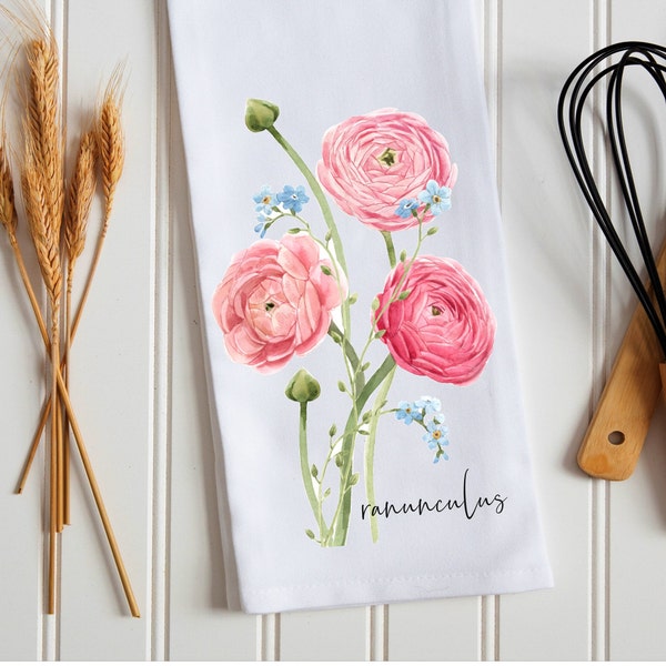 Ranunculus Floral Tea Towel, Pink Floral Kitchen Towel, Ranunculus Dish Towel, Ranunculus Kitchen Decor, Kitchen Gift, Pink Wedding Gift