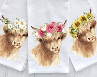 Floral Highland Cow Tea Towel, Farmhouse Kitchen Decor