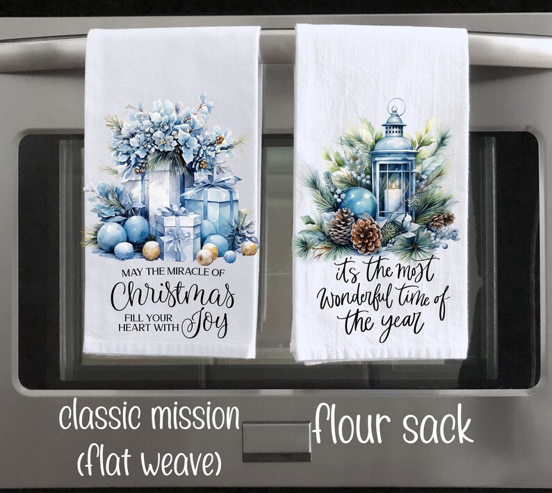 Blue Christmas Kitchen Towel, Blue Floral and Greenery Holiday Kitchen Gifts, Christmas Kitchen Decor, Christmas Cottage Core image 2