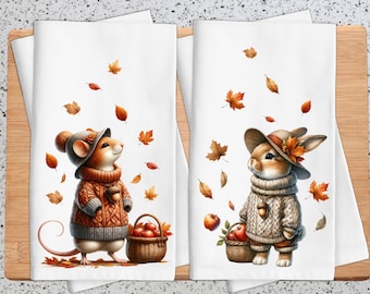 Rabbit & Mouse Fall Kitchen Towel: Autumn Leaves Decor