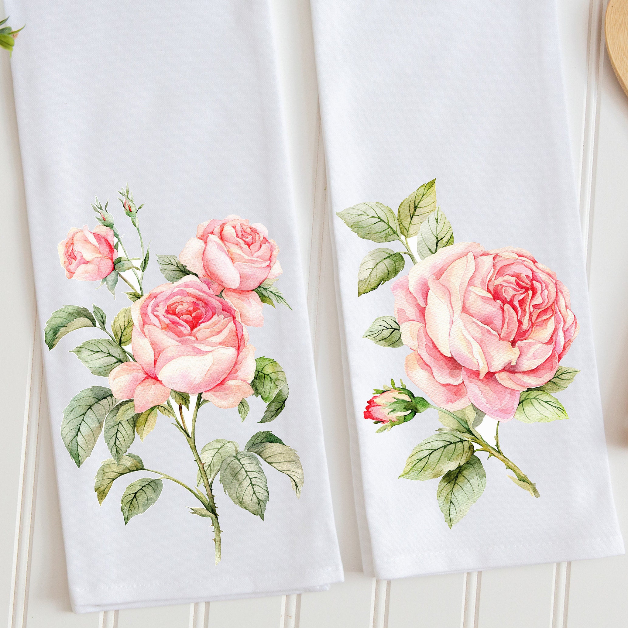 Floral Tea Towel Set Accent Towels Tea Towels Pink Roses Etsy