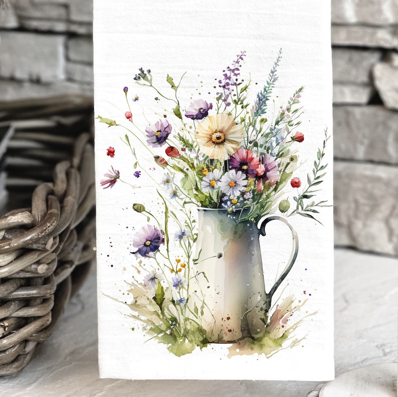Floral Pitcher Tea Towel: Spring Summer Kitchen Decor image 1