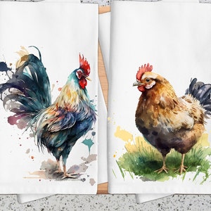 Chicken Tea Towels, Watercolor Rooster and Hen, Chicken Enthusiast Art Work, Chicken Kitchen Dish Towels, Farmhouse Decor,