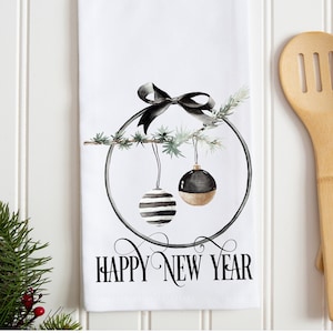 Toalha de cozinha de ano novo, preto e dourado Feliz Ano Novo, toalha de cozinha de ano novo, pano de prato de ano novo, presente de anfitriã, toalha de cozinha de feriado