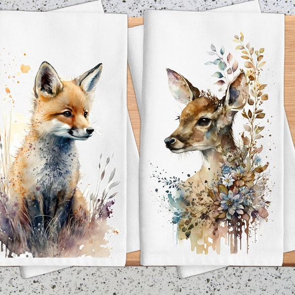 Woodland Animal Kitchen Tea Towels, Fox and Deer Kitchen Dish Towels, Woodland Animal Gifts, Cabin and Lake Kitchen Gifts
