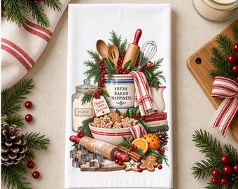Christmas Baking Kitchen Towel, Vintage Holiday Baking Decor, Christmas Cookies & Kitchen, Festive Flour Sack Towel, Christmas Gift