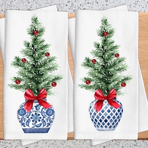 Chinoiserie Christmas Kitchen Towel, Rustic Tree Merry Christmas Tea Towel, Woodland Christmas Kitchen Decor, Christmas Chinoiserie