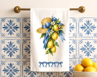 Sommer Zitronen Küche Geschirrtuch Set mit zwei, Strohhut und Zitronen, Sommer Küchen Dekor, Geschenk für Gastgeberinnen