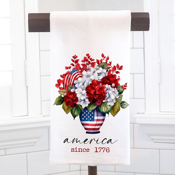 Patriotic Floral Bouquet Tea Towel, Patriotic Kitchen Accent Towel, Red White Blue Summer Dish Towels, Summer Holiday Kitchen Décor