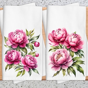 Pink Peonies Floral Tea Towel, Spring Kitchen Decor