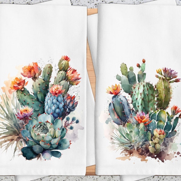 Cactus Watercolor Kitchen Dish Towel Set, Cactus In Bloom, Southwest Kitchen Decor, Cactus Tea Towels, Desert Floral Decor.