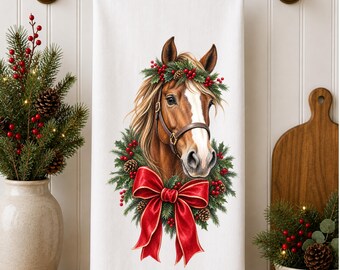Watercolor Christmas Horse Tea Towels, Farmhouse Kitchen Decor