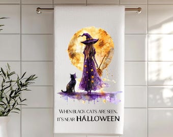Witch and Cat Halloween Kitchen Towel, Purple and Gold, Party Hostess Gift