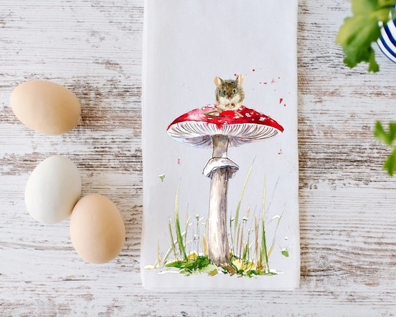 Mushroom and Mouse Kitchen Dish Towel, Colorful Kitchen Mushroom