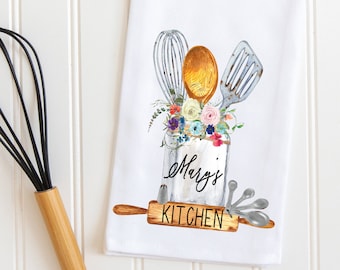 Personalized Dish Towel, Custom Tea Towel, Personalized Kitchen Towel, Floral Kitchen Jar, Kitchen Gift, Gift for Grandma, Gift for Baker