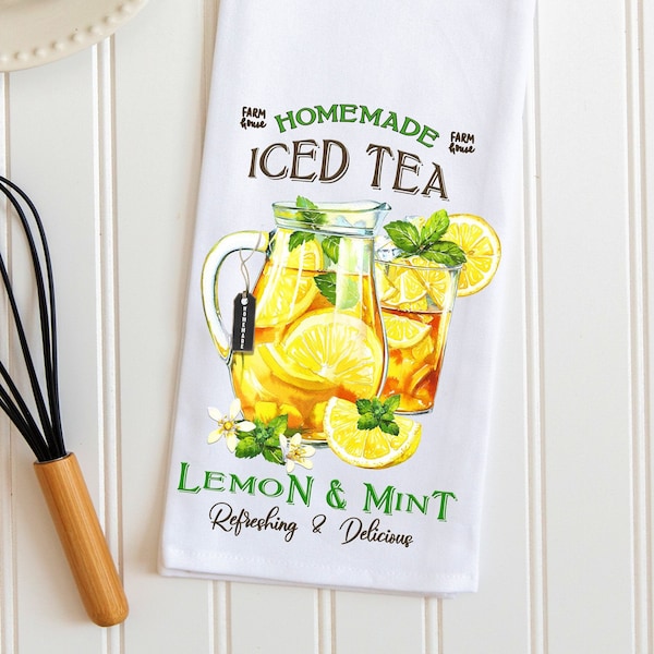 Kitchen Tea Towel, Summer Ice Tea and Lemon Towel, Summer Kitchen Decor, Flour Sack Tea Towel, Summer Hostess Gift, Shower Gifts, Wedding