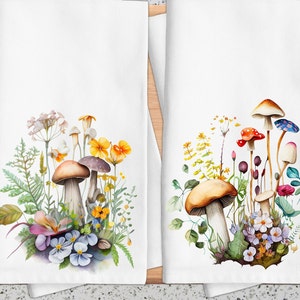 Mushroom Kitchen Tea Towel Set, colorful spring mushrooms, Mushroom Kitchen Decor, Hostess Gift, Housewarming Gift, Mushroom Kitchen Decor,