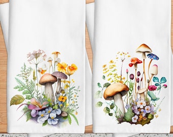 Mushroom Kitchen Tea Towel Set, colorful spring mushrooms, Mushroom Kitchen Decor, Hostess Gift, Housewarming Gift, Mushroom Kitchen Decor,