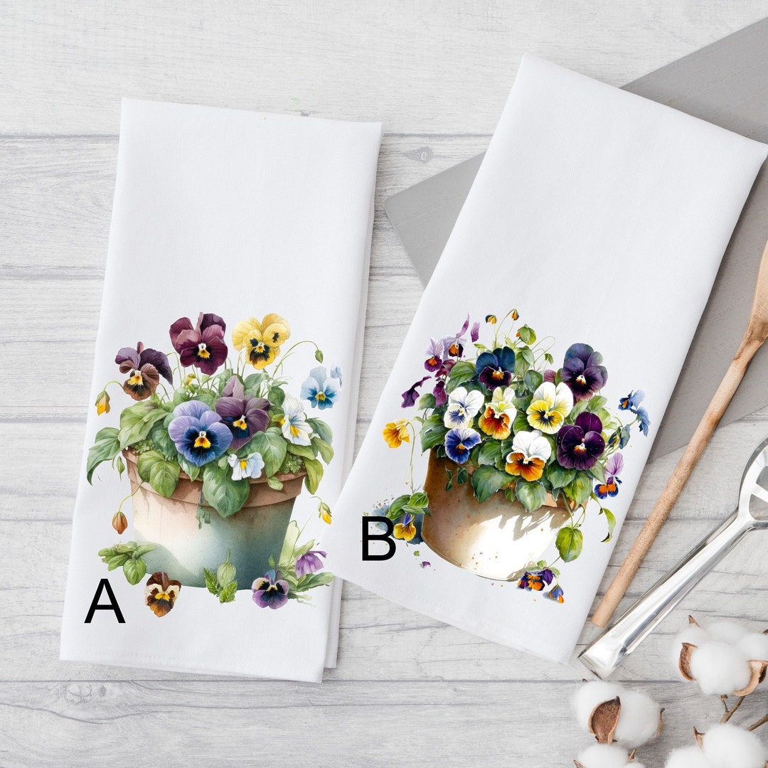 Pansies Dish Towel, Potted Pansies Kitchen Tea Towel, Garden Floral