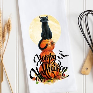 Halloween Kitchen Dish Towel, Black Cats and Pumpkins Tea Towel, Happy Halloween Tea Towel, Fall Kitchen Décor, Halloween Kitchen Décor,