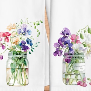 Sweet Peas Floral Tea Towel, Spring Floral Kitchen Towels, Sweet Pea Decorative Dish Towels, Hostess Gift, Housewarming Gift