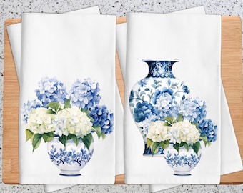 Blue Hydrangea Floral Tea Towel: Spring Kitchen Decor
