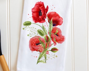 Floral Kitchen Tea Towel, Watercolor Red Poppies, Bathroom Hand Towel, Housewarming Gift, Floral Home Décor, Red Flowers,  Floral Gift