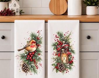 Personalized  Holiday Kitchen Towels, Christmas Robin and Lantern Pair, Christmas Decor