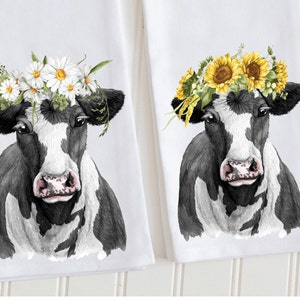 Pano de prato de vaca, pano de prato de vaca preto e branco, decoração floral de vaca, pano de prato de saco de farinha, presente de cozinha, decoração de pano de prato de animal de fazenda
