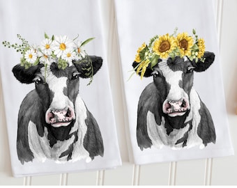 Cow Calf with Flower-Filled Wheelbarrow COTTON DISH TOWEL TEA TOWEL EMBROIDERED 