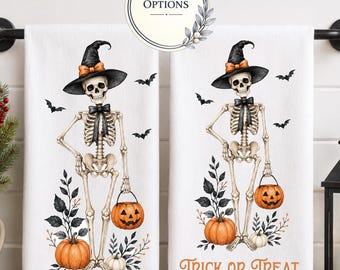 Halloween Dish Towels, Skeleton Bats and Pumpkins, Party Gifts, Party Favors, Halloween Kitchen Decor, Orange and Black, Halloween Witch