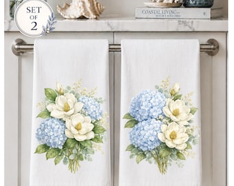 Blaue Hortensien und Magnolien Geschirrtuch: Blau und Weiß Küchen Dekor, Geschenk Küche
