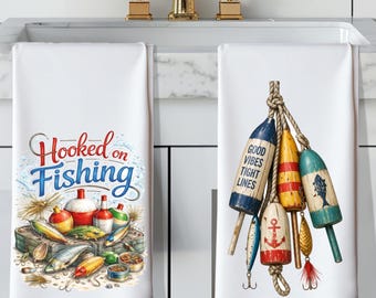 Angeln Küchenhandtücher, Fische locken und Bobbers Geschirrtuch Set, Fisch Geschenk, Handtuch See Haus, Haus See Geschenk, Geschenk für Papa, Opa