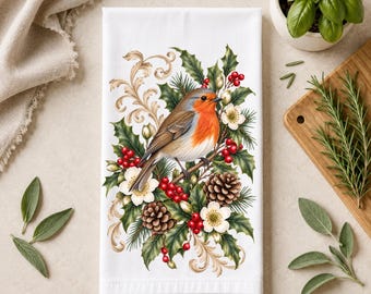Vintage Naturalist Kitchen Towel | Robin and Holly Tea Towel | Cottage  Decor | Farmhouse Kitchen Gift | Christmas Gift