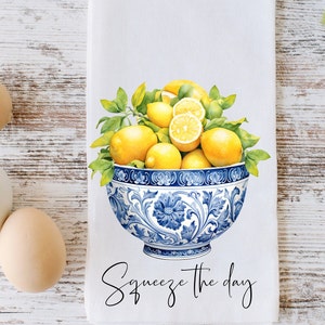 Lemon Kitchen Towel, Lemon Chinoiserie Bowl Tea Towel, Yellow Lemon Kitchen Decor, Fruit Towel, Small Gift, Chinoiserie Decor