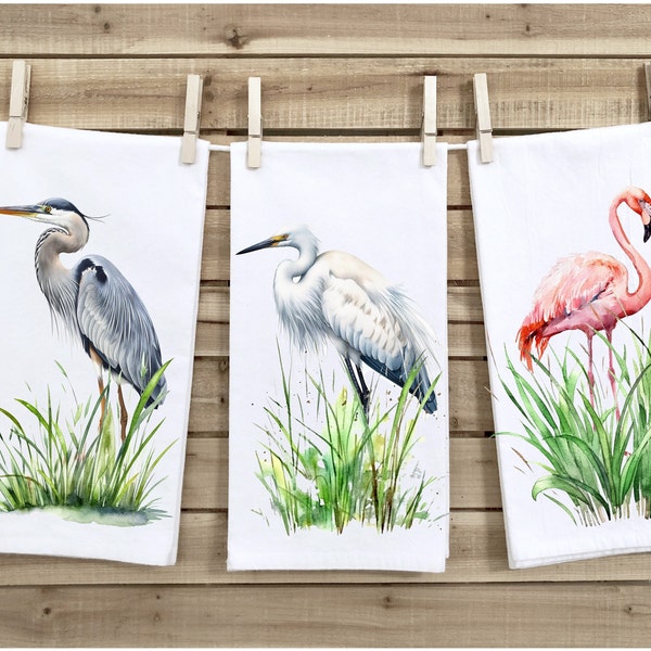 Coastal Birds Tea Towels, Island Life Decor, Water Foul Kitchen Towels, Egrets, Heron Towels, Bird Theme Decor, Sea Life Decor