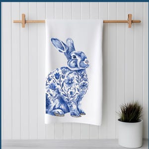 Chinoiserie Bunny Tea Towel: Blue and White Kitchen Decor
